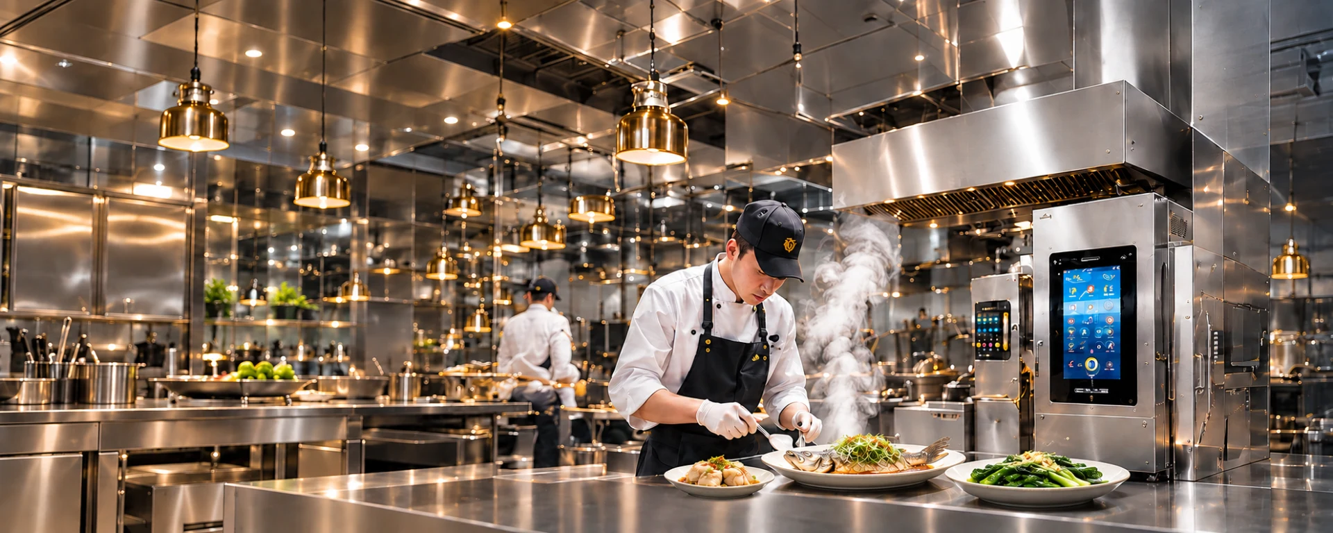 连锁餐饮厨房里,厨师使用蒸汽设备出品