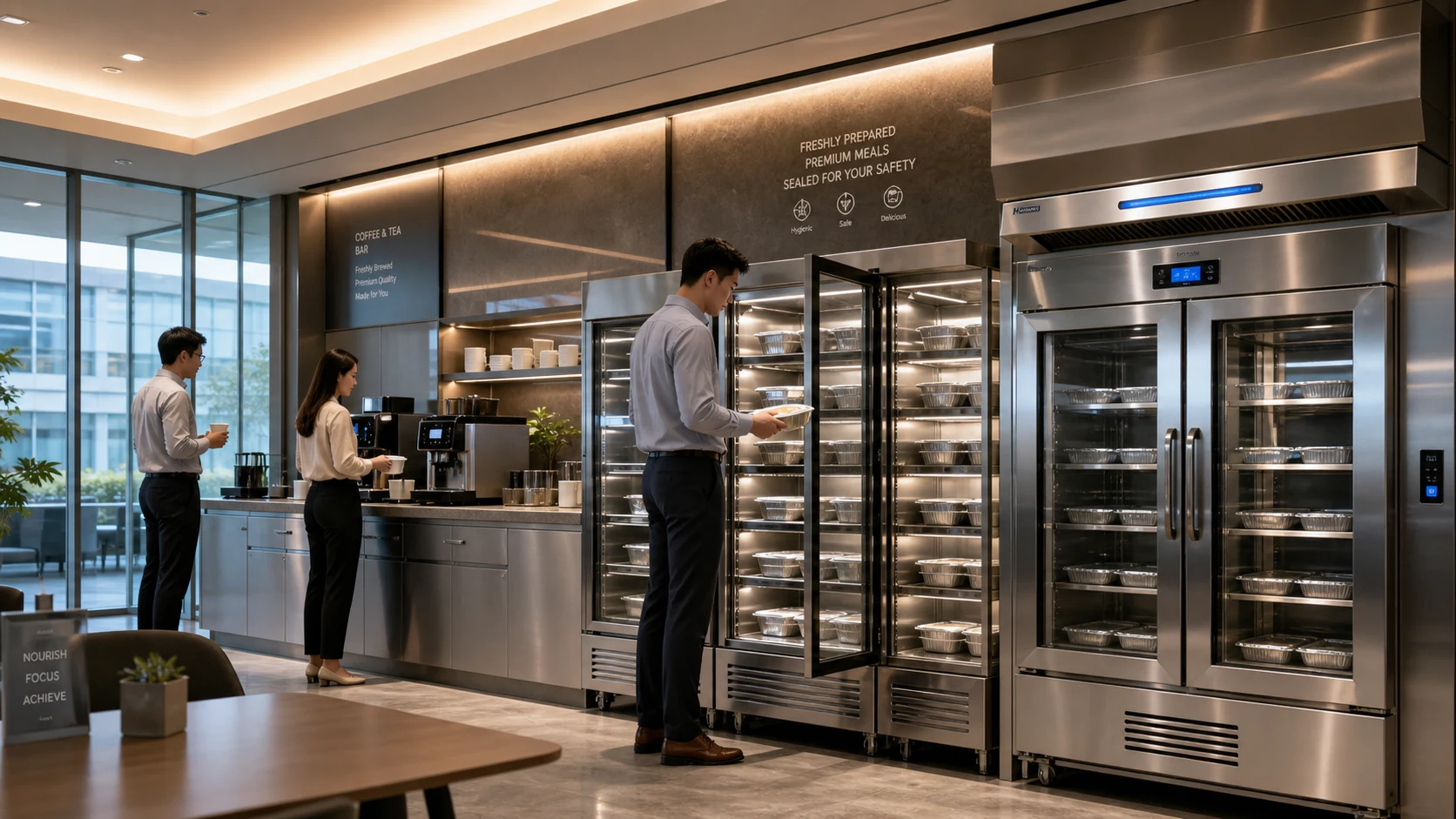 办公室茶水间内的咖啡吧、餐食保温取餐和员工使用场景